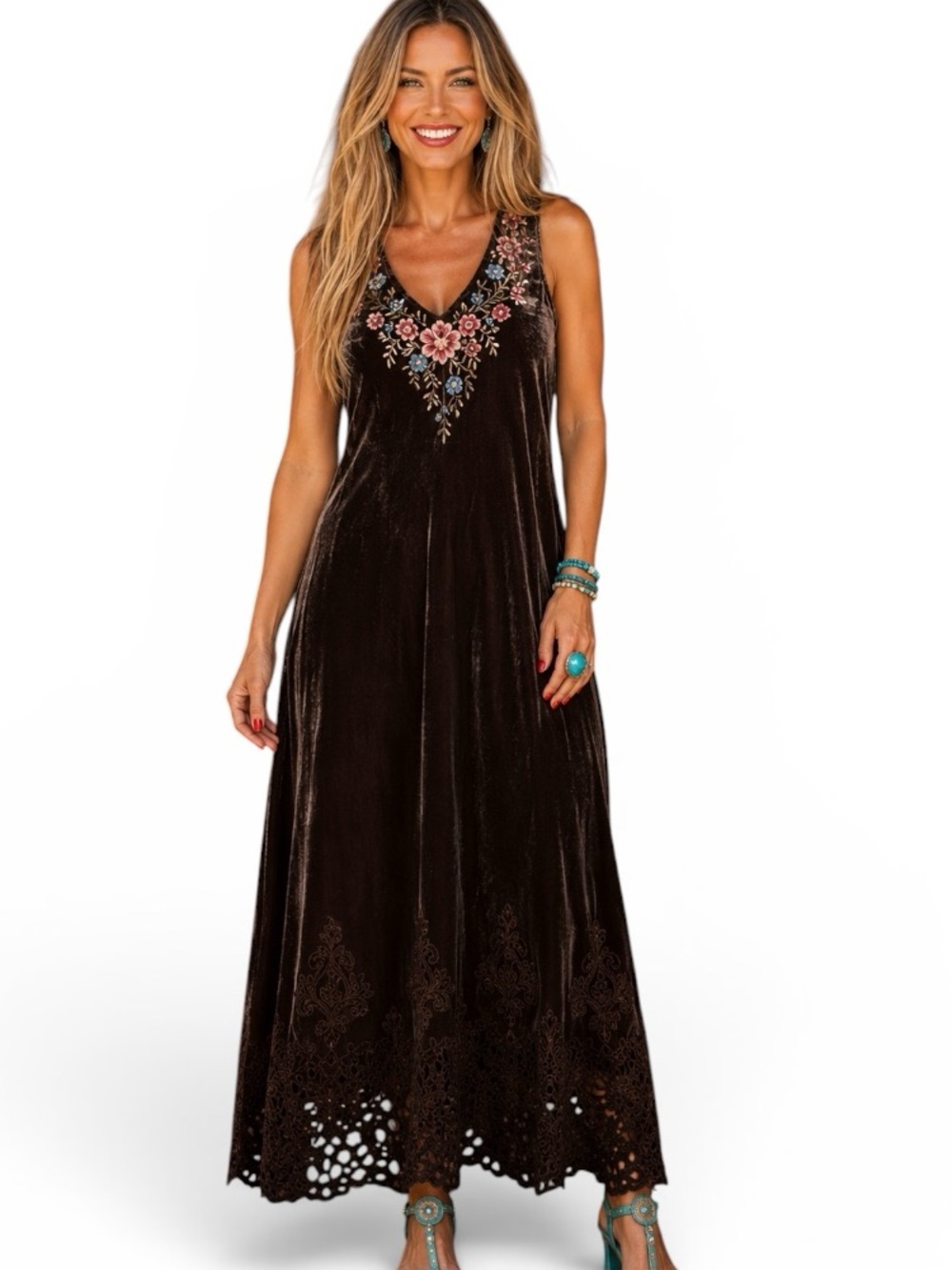 Johnny Was “Britton” velvet heavily embroidered maxi dress NWT RARE